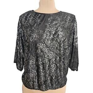 Jeri Marque Top Womens Black Silver Foil Dolman Sleeve Slinky Delicate Medium